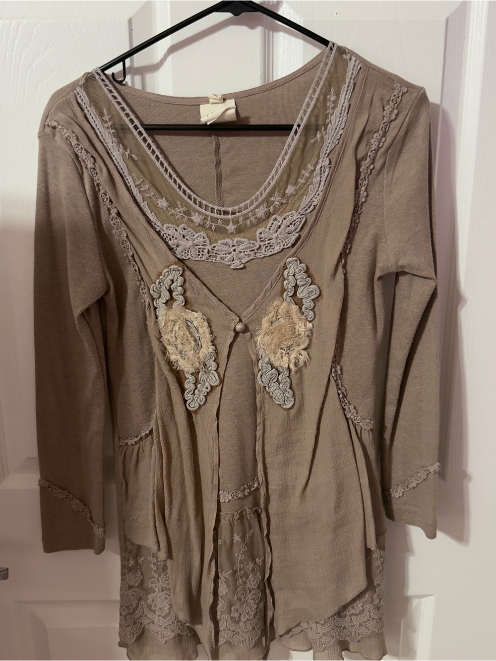 Pretty Angel Taupe Lace & Embroidered Peplum Tunic